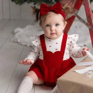 Completo Neonata Cuore Salopette bianco e rosso