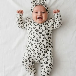 Tutina Neonata animalier maxi cuffietta fiocco beige