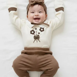 Completo Neonata Pizzo  fiori panna e marrone