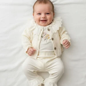 Completo Neonata Pizzo fiori bianco panna