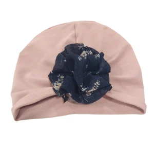 CAPPELLO TURBANTE COTONE ROSA CON FIORE STMPA BLU