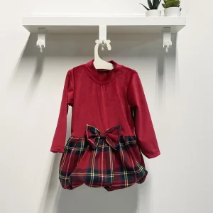 Abito Neonata Scozzese Fiocco velluto collo alto rosso