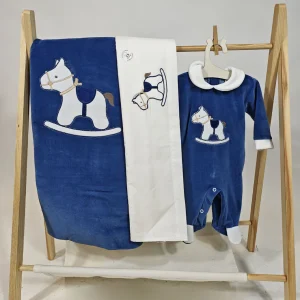 Completo Neonato ciniglia Cavalluccio blu