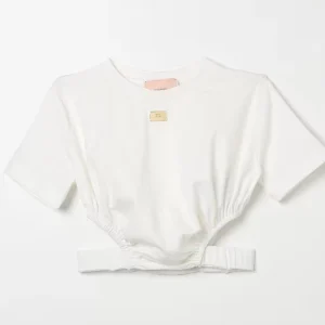 T-SHIRT ELISABETTA FRANCHI CON APERTURE E PLACCA PANNA CHIARO